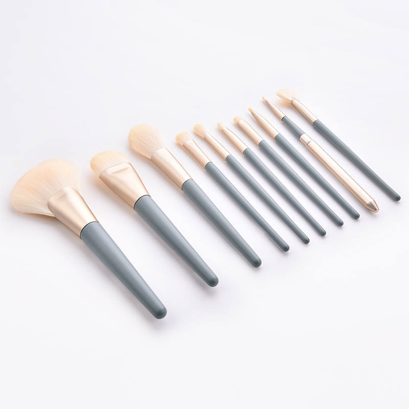 10 Piece Vegan Plush Cosmetic Brush Set in Blue Gray & Gold