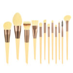 12 Piece Vegan Plush Cosmetic Brush Set in Yellow & Bronze with Velvet Pouch