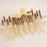 12 Piece Vegan Plush Cosmetic Brush Set in Yellow & Bronze with Velvet Pouch