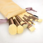 12 Piece Vegan Plush Cosmetic Brush Set in Yellow & Bronze with Velvet Pouch