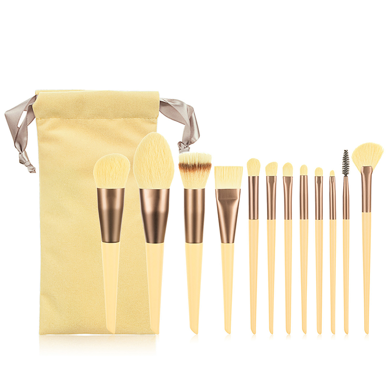 12 Piece Vegan Plush Cosmetic Brush Set in Yellow & Bronze with Velvet Pouch