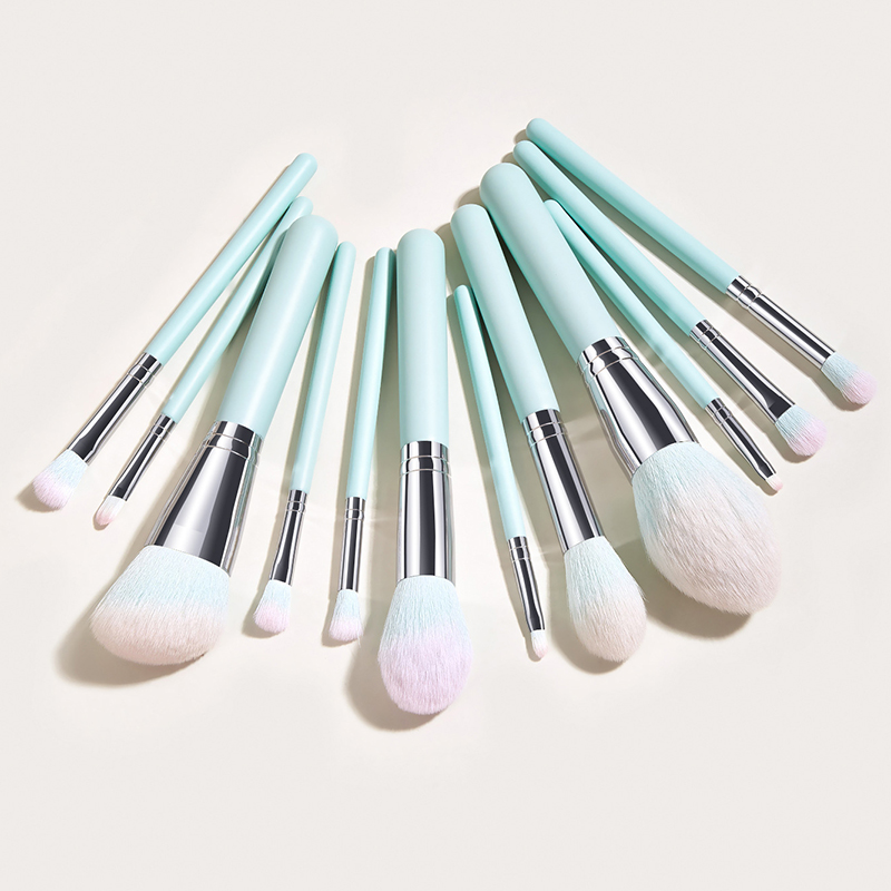 12 Piece Vegan Plush Cosmetic Brush Set in Baby Blue & Silver