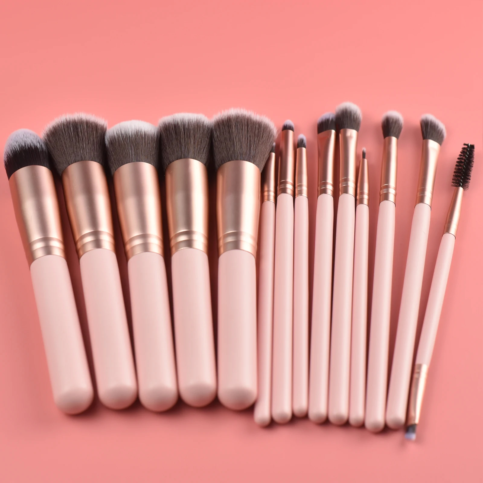 14 Piece Vegan Plush Cosmetic Brush Set in Rose & Matte Rose Gold