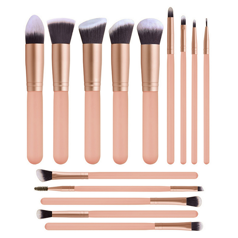 14 Piece Vegan Plush Cosmetic Brush Set in Rose & Matte Rose Gold